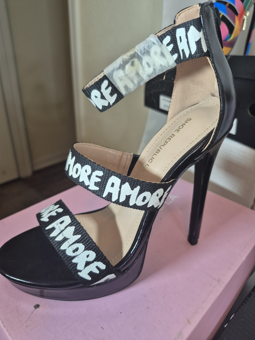 Shoe Republic LA Black Patent 'AMORE' Strap Stiletto Sandals